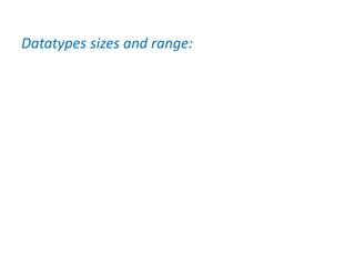 Datatypes sizes and range:
 