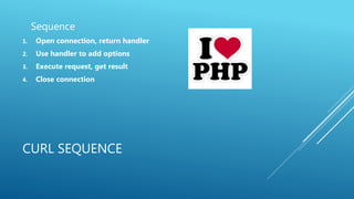 CURL SEQUENCE
Sequence
1. Open connection, return handler
2. Use handler to add options
3. Execute request, get result
4. Close connection
 
