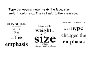 Type conveys a meaning  the face, size,
weight, color etc.. They all add to the message.
 