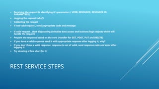 REST SERVICE STEPS
 Receiving the request & identifying it’s parameters ( VERB, RESOURCE, RESOURCE ID,
PARAMETERS)
 Logging the request (why?)
 Validating the request
 If not valid request , send appropriate code and message
 If valid request , start dispatching (initialize data access and business logic objects which will
handle the request)
 Prepare the response based on the verb (Handler for GET, POST, PUT and DELETE)
 If you have a valid response send it with appropriate response after logging it, why?
 If you don’t have a valid response response is not of valid, send response code and error after
logging it
 Try drawing a flow chart for it
 