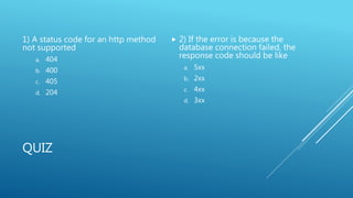 QUIZ
1) A status code for an http method
not supported
a. 404
b. 400
c. 405
d. 204
 2) If the error is because the
database connection failed, the
response code should be like
a. 5xx
b. 2xx
c. 4xx
d. 3xx
 