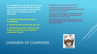 OVERVIEW OF COMPOSER
● It's a dependancy manager tool it is used
everywhere in the PHP World. All large
and well-known website components in
other ward it will help you do the
following :
● 1- Install 3rd party php tools and
framewords
● 2- Update version of the tools you use
● 3- Auto load your own code (so in the
future you will only use composer‘s
autoloader!!! Cool ?
●
● Composer has two separate elements :
✔ The first is Composer itself which is a
command line tool for grabbing and installing
what you want to install.
✔ The second is Packagist - the main composer
repository. This is where the packages you
may want to use are stored.
✔ Every thing Composer installs does that in a
directory names vendor which shouldn‘t has
any of your code
 