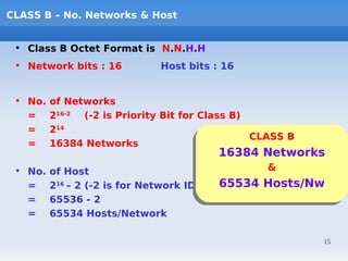 CLASS B – No. Networks & Host


 • Class B Octet Format is N.N.H.H
 • Network bits : 16         Host bits : 16


 • No.   of Networks
   =     216-2 (-2 is Priority Bit for Class B)
   =     214
                                                CLASS B
                                                CLASS B
   =     16384 Networks
                                        16384 Networks
                                        16384 Networks
 • No.   of Host                                  &&
   =                                      65534 Hosts/Nw
                                          65534 Hosts/Nw
         216 – 2 (-2 is for Network ID & Broadcast ID)
   =     65536 - 2
   =     65534 Hosts/Network

                                                          15
 