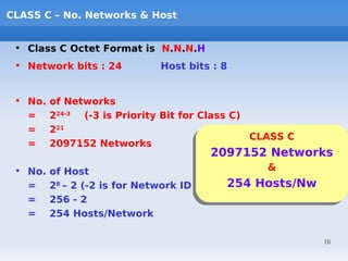 CLASS C – No. Networks & Host


 • Class C Octet Format is N.N.N.H
 • Network bits : 24         Host bits : 8


 • No.   of Networks
   =     224-3 (-3 is Priority Bit for Class C)
   =     221
                                                CLASS C
                                                CLASS C
   =     2097152 Networks
                                      2097152 Networks
                                      2097152 Networks
 • No.   of Host                                  &&
   =                                       254 Hosts/Nw
                                           254 Hosts/Nw
         28 – 2 (-2 is for Network ID & Broadcast ID)
   =     256 - 2
   =     254 Hosts/Network

                                                          16
 