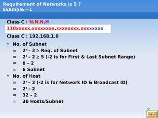 Requirement of Networks is 5 ?
Example – 1

 Class C : N.N.N.H
 110xxxxx.xxxxxxxx.xxxxxxxx.xxxxxxxx
 Class C : 192.168.1.0
 • No.   of Subnet
   =     2n – 2 ≥ Req. of Subnet
   =     23 – 2 ≥ 5 (-2 is for First & Last Subnet Range)
   =     8–2
   =     6 Subnet
 • No.   of Host
   =     2h – 2 (-2 is for Network ID & Broadcast ID)
   =     25 – 2
   =     32 – 2
   =     30 Hosts/Subnet
                                                            30
                                                            HELP
 