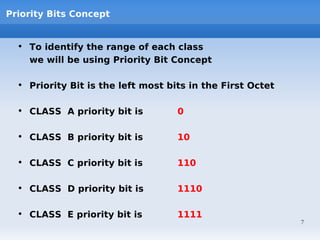 Priority Bits Concept


  • To identify the range of each class
    we will be using Priority Bit Concept

  • Priority Bit is the left most bits in the First Octet

  • CLASS A priority bit is         0

  • CLASS B priority bit is         10

  • CLASS C priority bit is         110

  • CLASS D priority bit is         1110

  • CLASS E priority bit is         1111
                                                            7
 