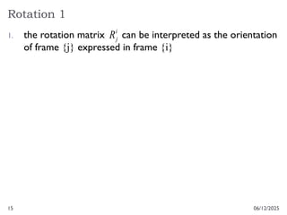 15
Rotation 1
06/12/2025
1. the rotation matrix can be interpreted as the orientation
of frame {j} expressed in frame {i}
i
j
R
 