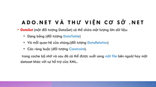 A D O. N E T V À T H Ư V I Ệ N C Ơ S Ở . N E T
• DataSet (một đối tượng DataSet) có thể chứa một lượng lớn dữ liệu:
• Dạng bảng (đối tượng DataTable)
• Và mối quan hệ của chúng.(đối tượng DataRelation)
• Các ràng buộc (đối tượng Constraint).
trong cache bộ nhớ và sau đó có thể được xuất sang một file bên ngoài hay một
dataset khác với sự hổ trợ của XML..
5
 