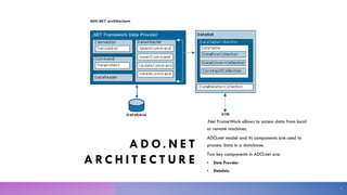 A D O. N E T
A RC H I T E C T U R E
.Net FrameWork allows to access data from local
or remote machines.
ADO.net model and its components are used to
process data in a database.
Two key components in ADO.net are:
• Data Provider
• DataSets.
7
 