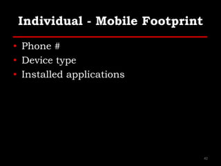 Individual - Mobile Footprint
• Phone #
• Device type
• Installed applications
42
 