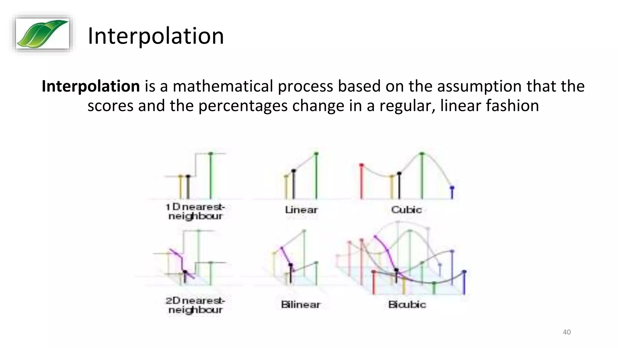 40
Interpolation
Interpolation is a mathematical process based on the assumption that the
scores and the percentages change in a regular, linear fashion
 