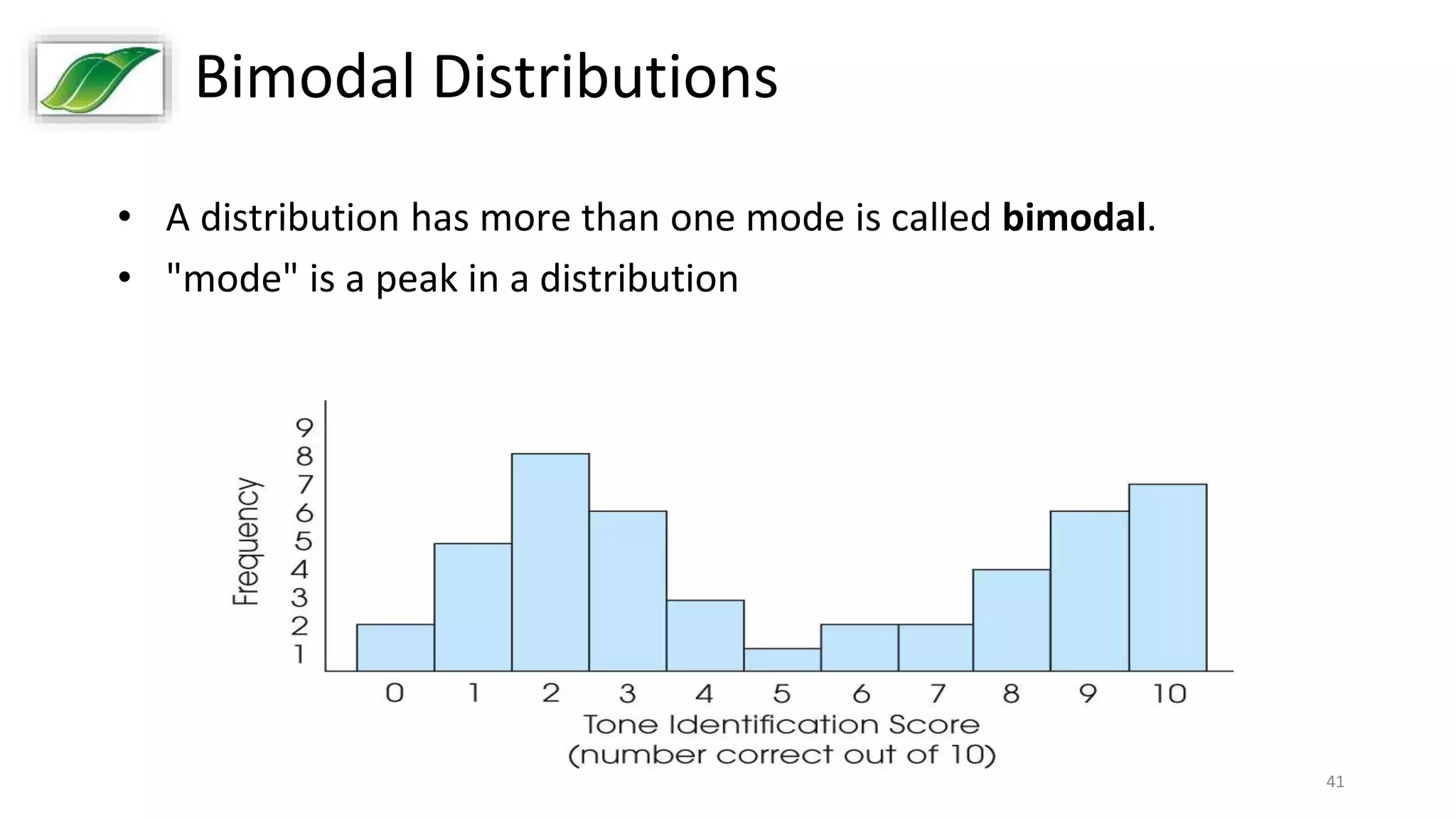41
Bimodal Distributions
• A distribution has more than one mode is called bimodal.
• "mode" is a peak in a distribution
 