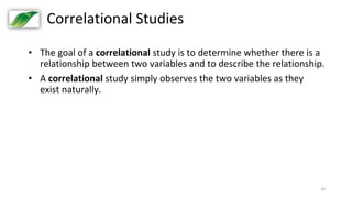 20
Correlational Studies
• The goal of a correlational study is to determine whether there is a
relationship between two variables and to describe the relationship.
• A correlational study simply observes the two variables as they
exist naturally.
 
