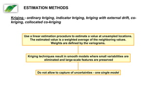 Kriging techniques result in smooth models where small variabilities are
eliminated and large-scale features are preserved
Do not allow to capture of uncertainties - one single model
Use a linear estimation procedure to estimate a value at unsampled locations.
The estimated value is a weighted average of the neighboring values.
Weights are defined by the variograms.
Kriging - ordinary kriging, indicator kriging, kriging with external drift, co-
kriging, collocated co-kriging
ESTIMATION METHODS
 