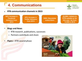 4. Communications
● RTB communication channels in 2015
• Blogs and News
– RTB research, publications, successes
– Partners contribute and share
• Flyers – RTB second phase
84% increase in
Facebook
followers from
2014
43% increase in
Twitter followers
from 2014
1000+ Newsletter
subscribers
25,000+ visitors to
RTB website so far
this year. Up from
14,000 in 2014
 