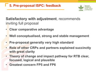 5. Pre-proposal ISPC: feedback
Satisfactory with adjustment, recommends
inviting full proposal
• Clear comparative advantage
• Well conceptualised, strong and stable management
• Pre-proposal generally very high standard
• Role of other CRPs and partners explained succinctly
with great clarity
• Theory of change and impact pathway for RTB clear,
focused, logical and plausible
• Greatest concern FP5 and FP6
 