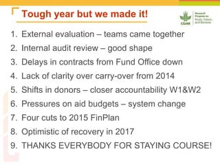 Tough year but we made it!
1. External evaluation – teams came together
2. Internal audit review – good shape
3. Delays in contracts from Fund Office down
4. Lack of clarity over carry-over from 2014
5. Shifts in donors – closer accountability W1&W2
6. Pressures on aid budgets – system change
7. Four cuts to 2015 FinPlan
8. Optimistic of recovery in 2017
9. THANKS EVERYBODY FOR STAYING COURSE!
 