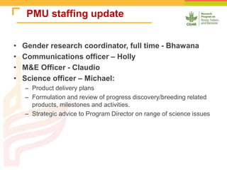 • Gender research coordinator, full time - Bhawana
• Communications officer – Holly
• M&E Officer - Claudio
• Science officer – Michael:
– Product delivery plans
– Formulation and review of progress discovery/breeding related
products, milestones and activities.
– Strategic advice to Program Director on range of science issues
PMU staffing update
 