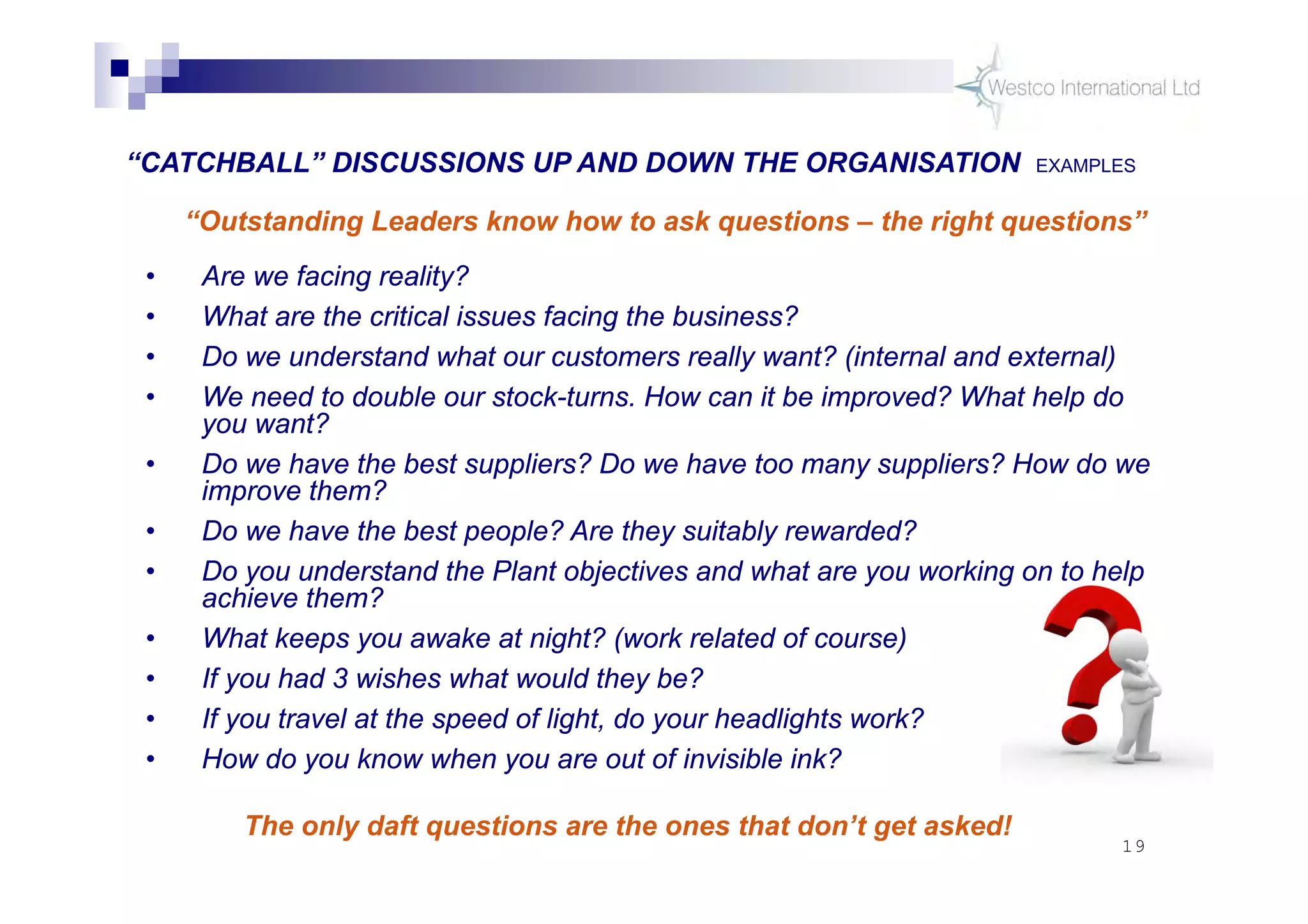 19
The only daft questions are the ones that don’t get asked!
• Are we facing reality?
• What are the critical issues facing the business?
• Do we understand what our customers really want? (internal and external)
• We need to double our stock-turns. How can it be improved? What help do
you want?
• Do we have the best suppliers? Do we have too many suppliers? How do we
improve them?
• Do we have the best people? Are they suitably rewarded?
• Do you understand the Plant objectives and what are you working on to help
achieve them?
• What keeps you awake at night? (work related of course)
• If you had 3 wishes what would they be?
• If you travel at the speed of light, do your headlights work?
• How do you know when you are out of invisible ink?
“CATCHBALL” DISCUSSIONS UP AND DOWN THE ORGANISATION EXAMPLES
“Outstanding Leaders know how to ask questions – the right questions”
 