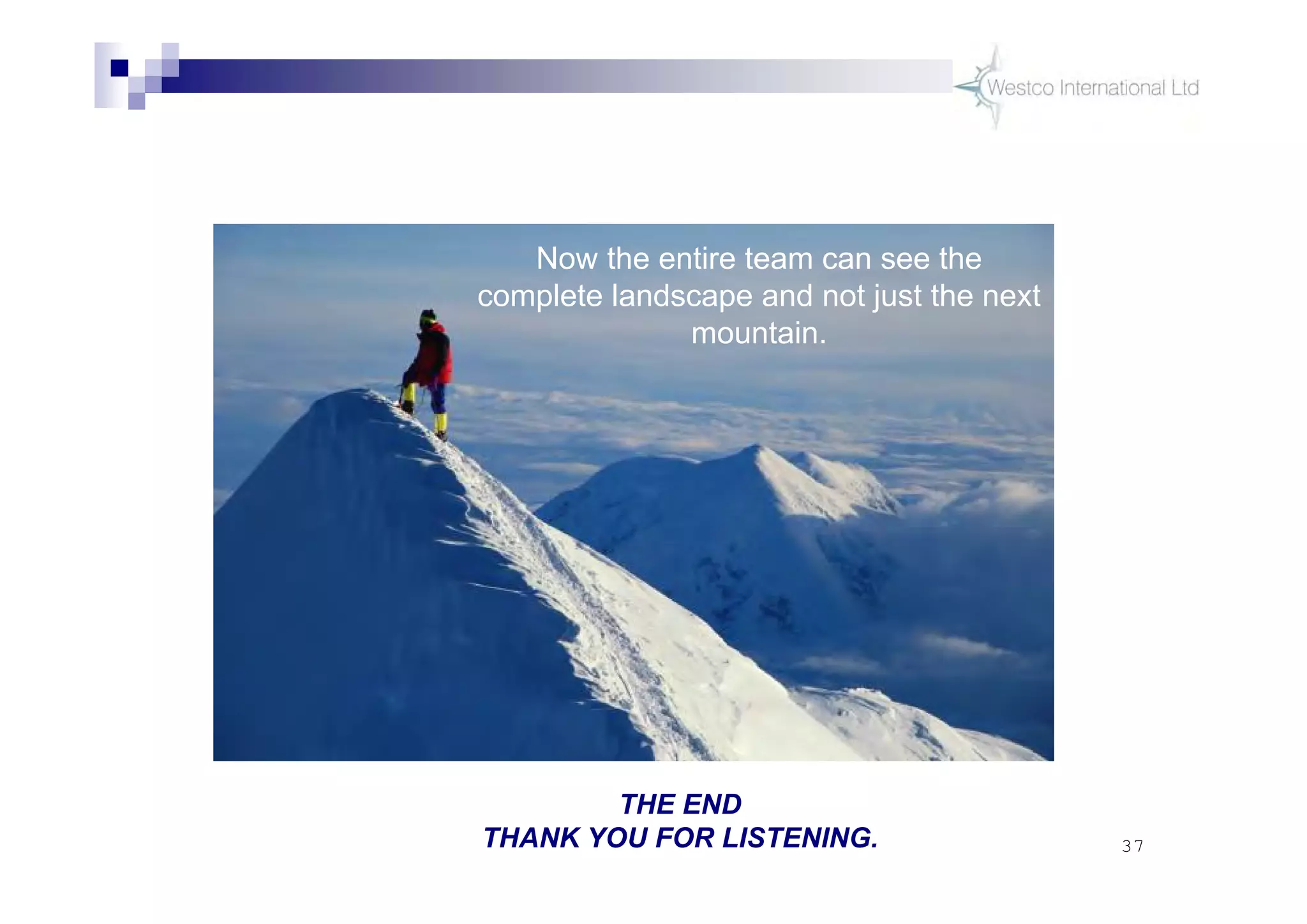 37
THE END
THANK YOU FOR LISTENING.
Now the entire team can see the
complete landscape and not just the next
mountain.
 