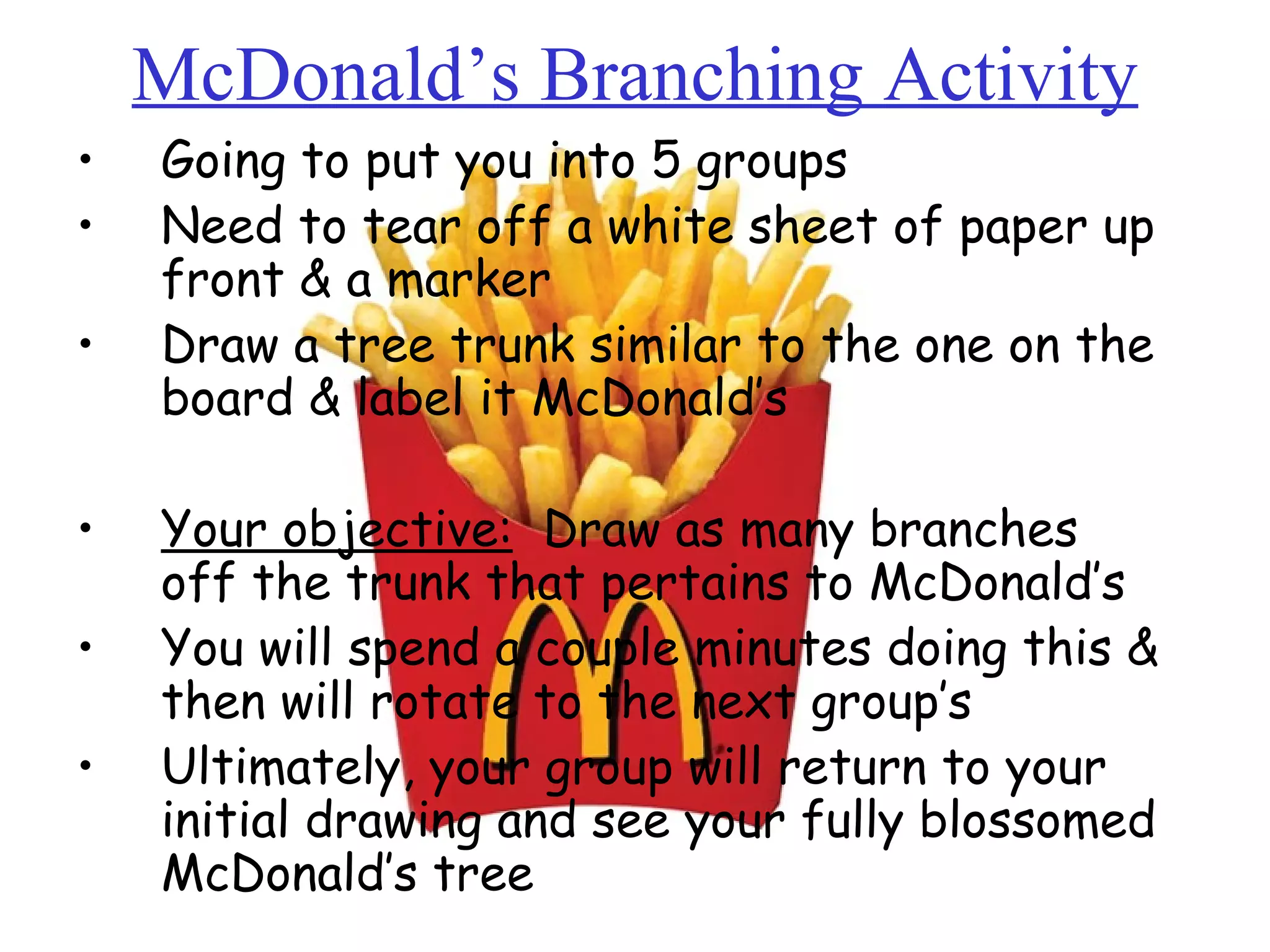 McDonald’s Branching Activity Going to put you into 5 groups Need to tear off a white sheet of paper up front & a marker Draw a tree trunk similar to the one on the board & label it McDonald’s Your objective:   Draw as many branches off the trunk that pertains to McDonald’s You will spend a couple minutes doing this & then will rotate to the next group’s Ultimately, your group will return to your initial drawing and see your fully blossomed McDonald’s tree Unit #3: Day 1 