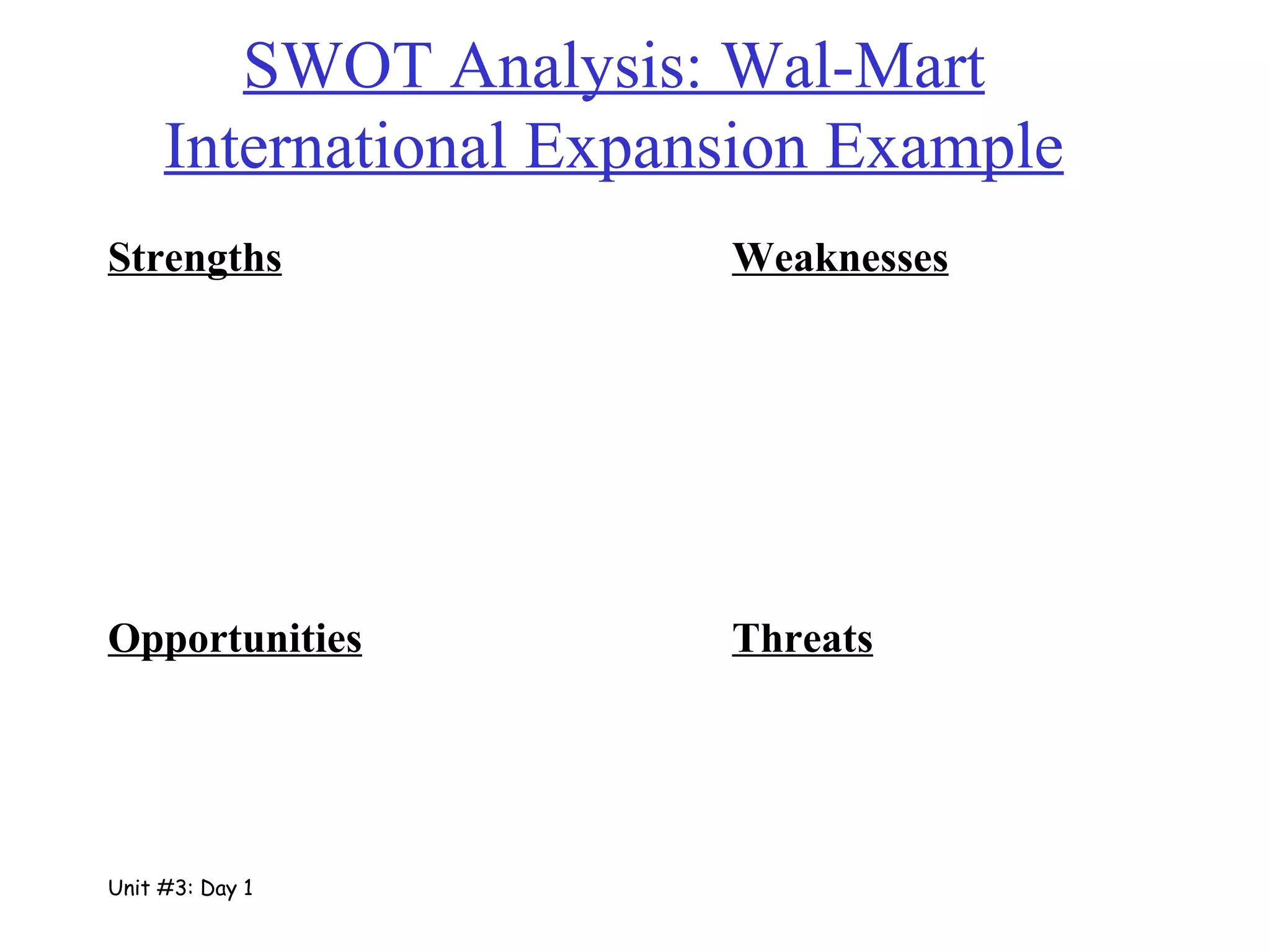 SWOT Analysis: Wal-Mart International Expansion Example Unit #3: Day 1 Strengths Weaknesses Threats Opportunities 