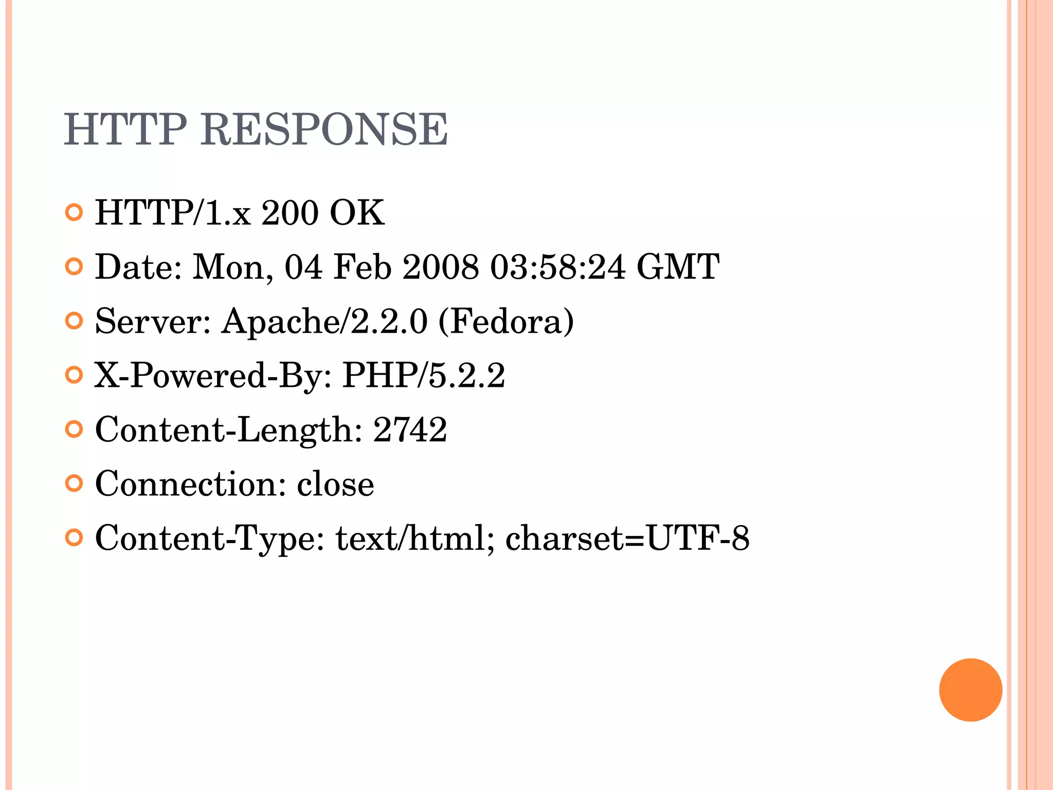 HTTP RESPONSE HTTP/1.x 200 OK Date: Mon, 04 Feb 2008 03:58:24 GMT Server: Apache/2.2.0 (Fedora) X-Powered-By: PHP/5.2.2 Content-Length: 2742 Connection: close Content-Type: text/html; charset=UTF-8 