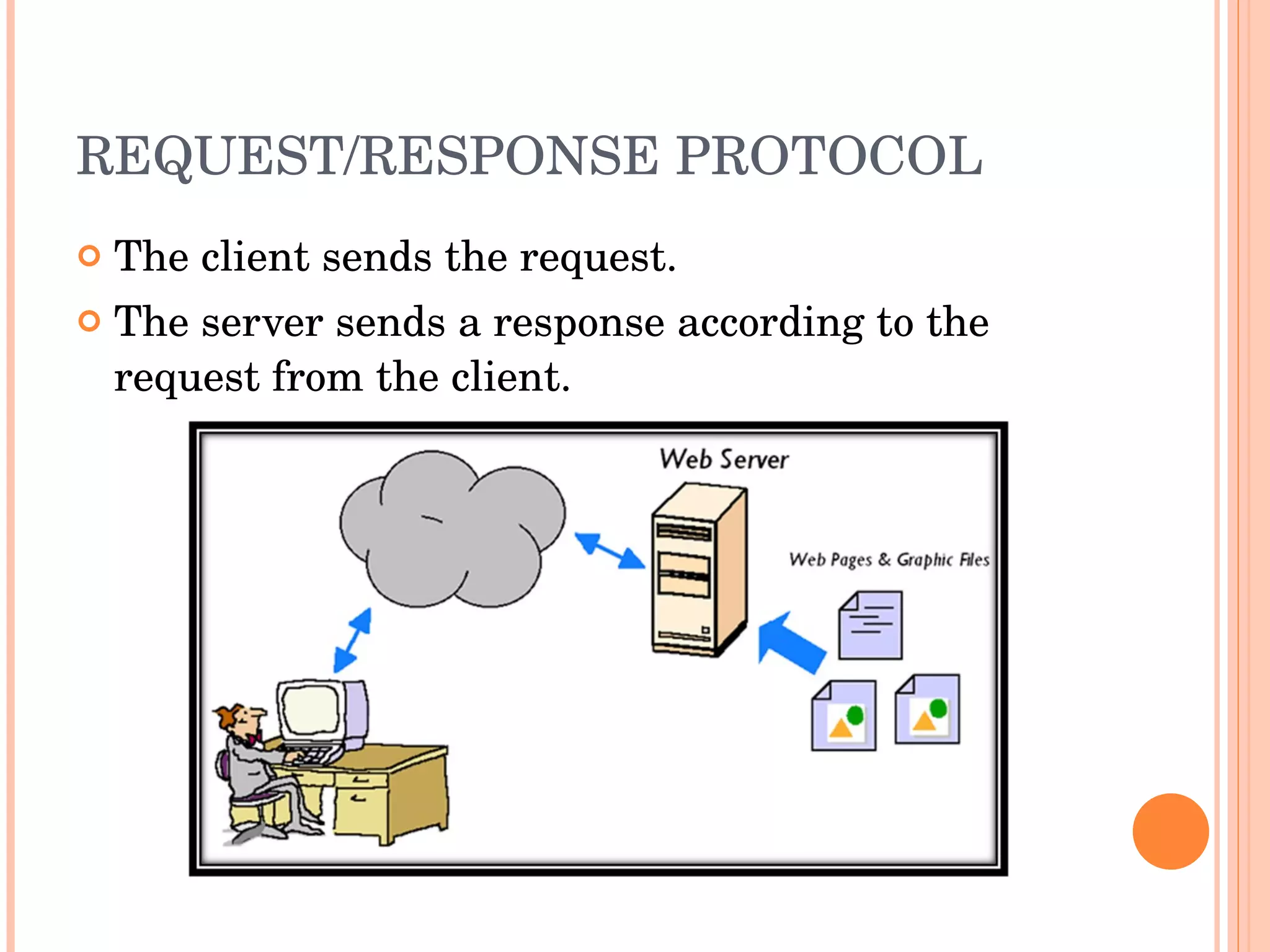 REQUEST/RESPONSE PROTOCOL The client sends the request. The server sends a response according to the request from the client. 