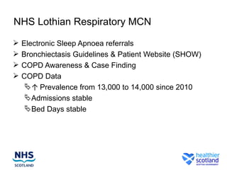 NHS Lothian Respiratory MCN

   Electronic Sleep Apnoea referrals
   Bronchiectasis Guidelines & Patient Website (SHOW)
   COPD Awareness & Case Finding
   COPD Data
      ↑ Prevalence from 13,000 to 14,000 since 2010
      Admissions stable
      Bed Days stable
 