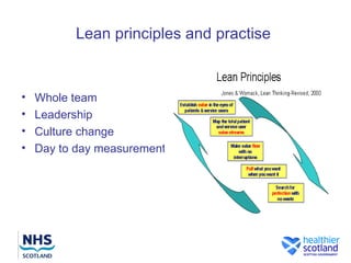 Lean principles and practise


•   Whole team
•   Leadership
•   Culture change
•   Day to day measurement
 