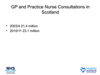 GP and Practice Nurse Consultations in
                 Scotland

• 2003/4 21.4 million
• 2010/11 23.1 million
 
