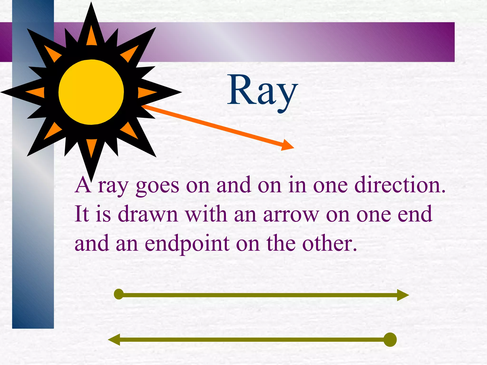 Ray A ray goes on and on in one direction. It is drawn with an arrow on one end and an endpoint on the other.