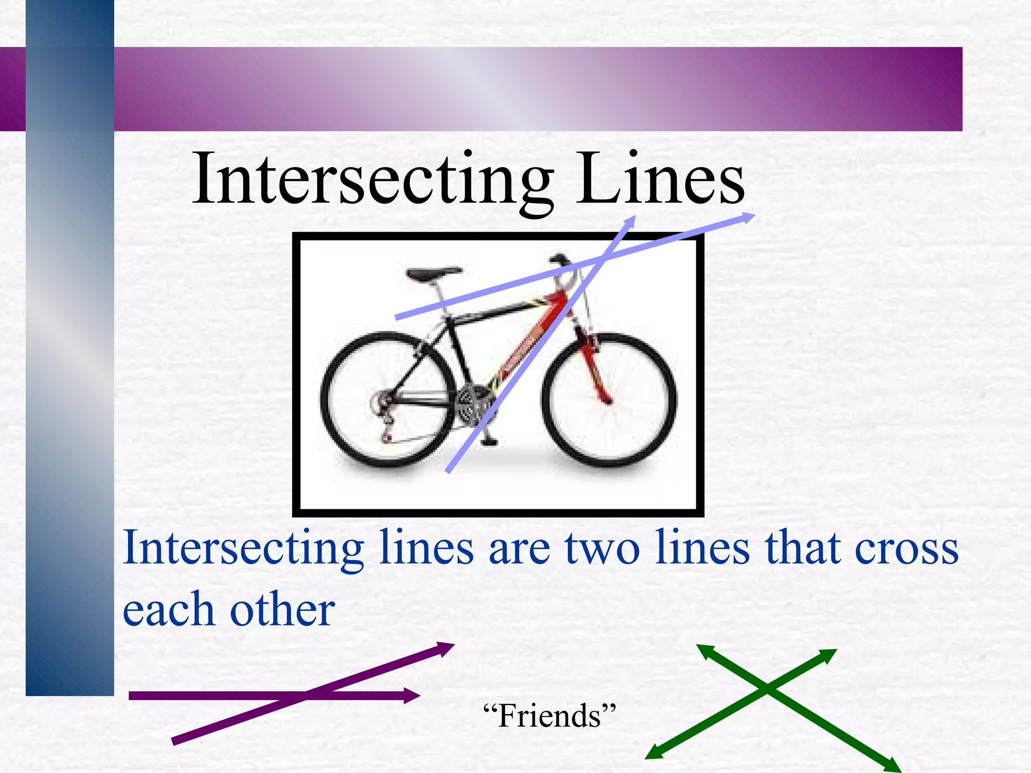 Intersecting Lines Intersecting lines are two lines that cross each other “ Friends”