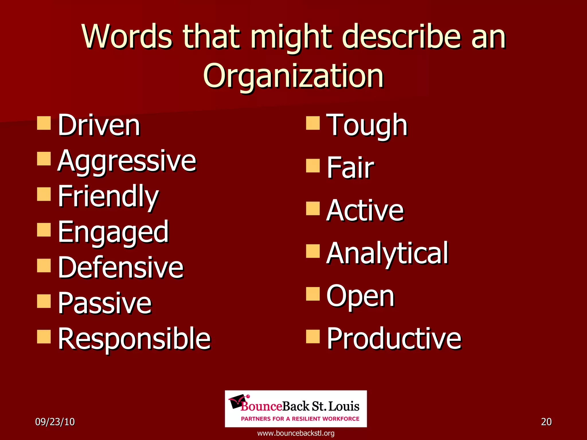 Words that might describe an Organization Driven Aggressive Friendly Engaged Defensive Passive Responsible Tough Fair Active Analytical Open Productive 