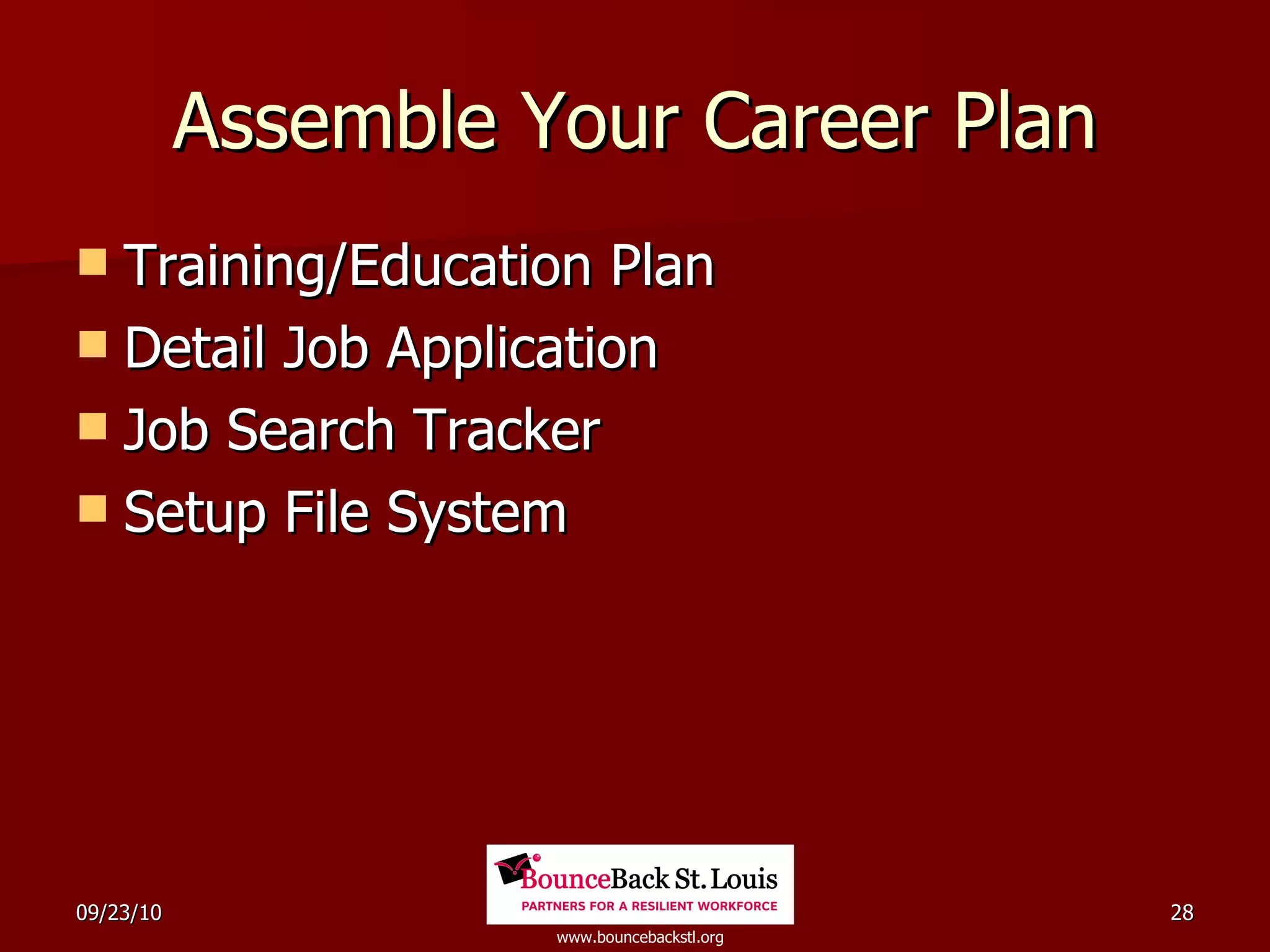 Assemble Your Career Plan Training/Education Plan Detail Job Application Job Search Tracker Setup File System 