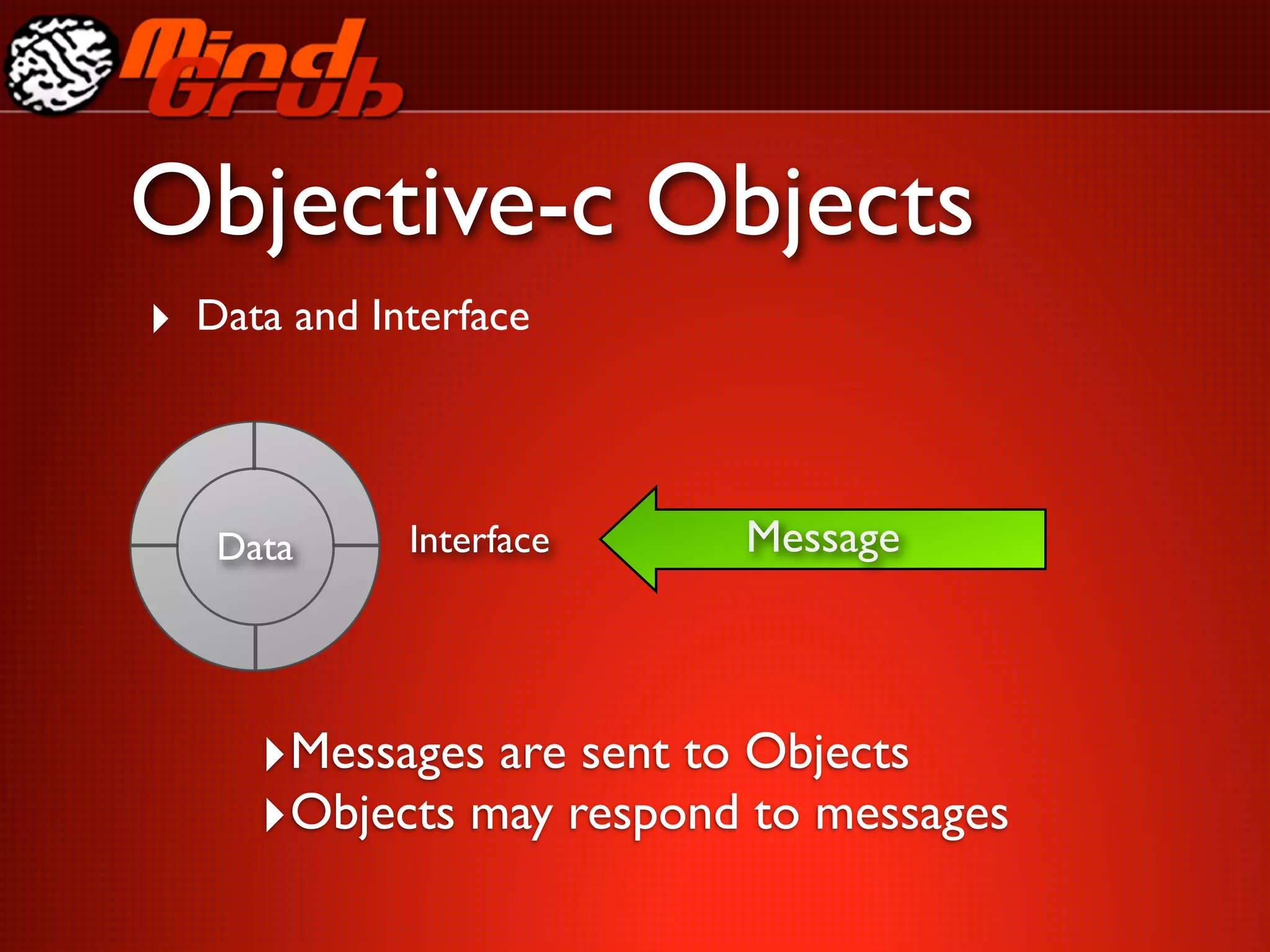 Objective-c Objects
‣ Data and Interface



   Data      Interface   Message



     ‣Messages are sent to Objects
     ‣Objects may respond to messages
 