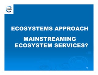 10
ECOSYSTEMS APPROACH
MAINSTREAMING
ECOSYSTEM SERVICES?
 