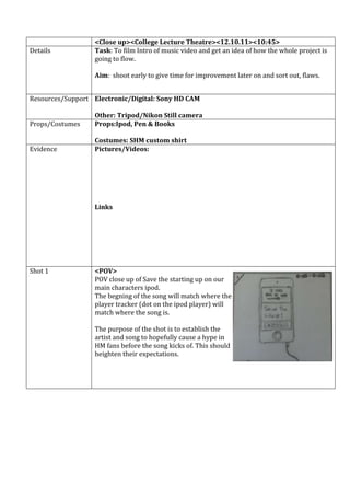 <Close up><College Lecture Theatre><12.10.11><10:45>
Details           Task: To film Intro of music video and get an idea ...