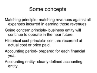Some concepts
Matching principle- matching revenues against all
 expenses incurred in earning those revenues.
Going concern principle- business entity will
 continue to operate in the near future.
Historical cost principle- cost are recorded at
  actual cost or price paid.
Accounting period- prepared for each financial
 yea.
Accounting entity- clearly defined accounting
 entity.
 