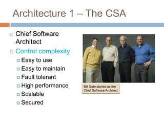 Architecture 1 – The CSA
   Chief Software
    Architect
   Control complexity
     Easy  to use
     Easy to maintain

     Fault tolerant

     High performance   Bill Gate started as the
                         Chief Software Architect
     Scalable

     Secured
 