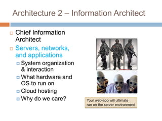 Architecture 2 – Information Architect

   Chief Information
    Architect
   Servers, networks,
    and applications
     System  organization
      & interaction
     What hardware and
      OS to run on
     Cloud hosting
     Why do we care?        Your web-app will ultimate
                             run on the server environment
 