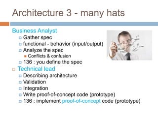 Architecture 3 - many hats
Business Analyst
     Gather spec
     functional - behavior (input/output)
     Analyze the spec
           Conflicts & confusion
       136 : you define the spec
   Technical lead
     Describing architecture
     Validation
     Integration
     Write proof-of-concept code (prototype)
     136 : implement proof-of-concept code (prototype)
 