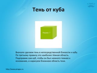 Тень	
  от	
  куба	
  	
  




             Вначале	
  сделаем	
  тень	
  в	
  непосредственной	
  близости	
  к	
  кубу.	
  
             По	
  третьему	
  правилу	
  это	
  наиболее	
  тёмная	
  область.	
  
             Подправим	
  сам	
  куб,	
  чтобы	
  он	
  был	
  немного	
  темнее	
  к	
  
             основанию,	
  и	
  нарисуем	
  ближнюю	
  область	
  тени.	
  


h^p://www.pirogov.ru	
  
 