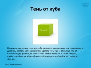 Тень	
  от	
  куба	
  	
  




  Получилась	
  неплохая	
  тень	
  для	
  куба,	
  стоящего	
  на	
  поверхности	
  и	
  освещаемого	
  
  дневным	
  светом.	
  Если	
  мы	
  захотим	
  сделать	
  тень	
  ещё	
  и	
  от	
  солнца	
  или	
  от	
  
  какого-­‐нибудь	
  фонаря,	
  то	
  используем	
  третье	
  правило.	
  А	
  также	
  следим,	
  
  чтобы	
  тень	
  была	
  не	
  чёрная	
  (так	
  как	
  объект	
  ярко-­‐зелёный)	
  и	
  не	
  слишком	
  
  тёмная.	
  

h^p://www.pirogov.ru	
  
 