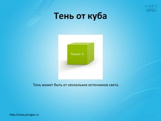 Тень	
  от	
  куба	
  	
  




                  Тень	
  может	
  быть	
  от	
  нескольких	
  источников	
  света.	
  




h^p://www.pirogov.ru	
  
 