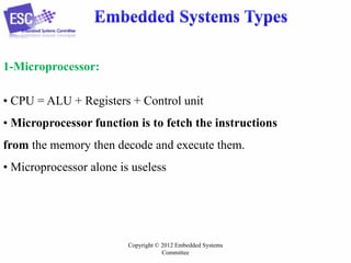 1-Microprocessor:
• CPU = ALU + Registers + Control unit
• Microprocessor function is to fetch the instructions
from the memory then decode and execute them.

• Microprocessor alone is useless

Copyright © 2012 Embedded Systems
Committee

 