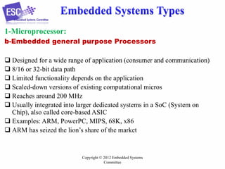 1-Microprocessor:
b-Embedded general purpose Processors
 Designed for a wide range of application (consumer and communication)
 8/16 or 32-bit data path
 Limited functionality depends on the application
 Scaled-down versions of existing computational micros
 Reaches around 200 MHz
 Usually integrated into larger dedicated systems in a SoC (System on
Chip), also called core-based ASIC
 Examples: ARM, PowerPC, MIPS, 68K, x86
 ARM has seized the lion’s share of the market

Copyright © 2012 Embedded Systems
Committee

 