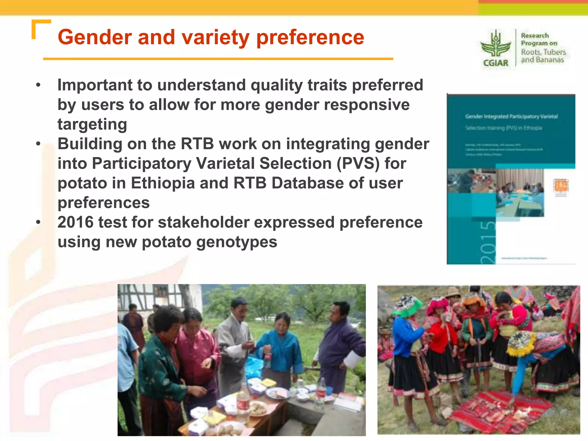 Gender and variety preference
• Important to understand quality traits preferred
by users to allow for more gender responsive
targeting
• Building on the RTB work on integrating gender
into Participatory Varietal Selection (PVS) for
potato in Ethiopia and RTB Database of user
preferences
• 2016 test for stakeholder expressed preference
using new potato genotypes
 