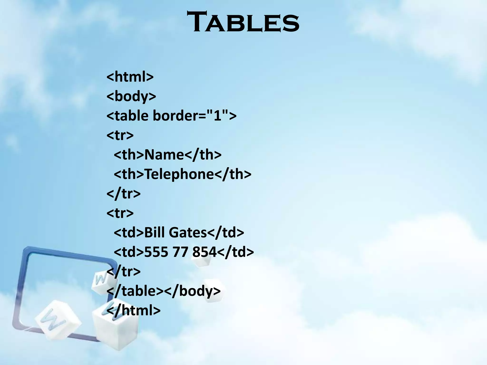 Tables
<html>
<body>
<table border="1">
<tr>
<th>Name</th>
<th>Telephone</th>
</tr>
<tr>
<td>Bill Gates</td>
<td>555 77 854</td>
</tr>
</table></body>
</html>

 