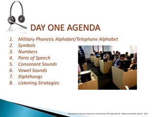 DAY ONE AGENDA
1. Military Phonetic Alphabet/Telephone Alphabet
2. Symbols
3. Numbers
4. Parts of Speech
5. Consonant Sounds
6. Vowel Sounds
7. Diphthongs
8. Listening Strategies
Educational material created and customized by TEFL Specialist Dr. Gilberto Hernández Quirós. 2014
 